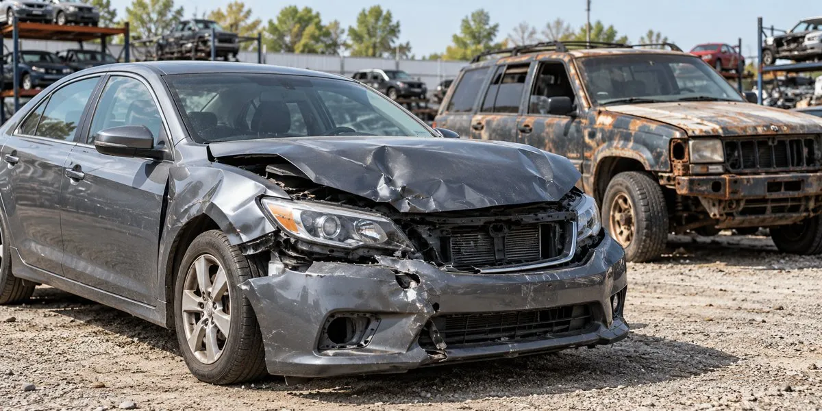 Illustration of a damaged gray sedan and an older rusty SUV in a salvage lot