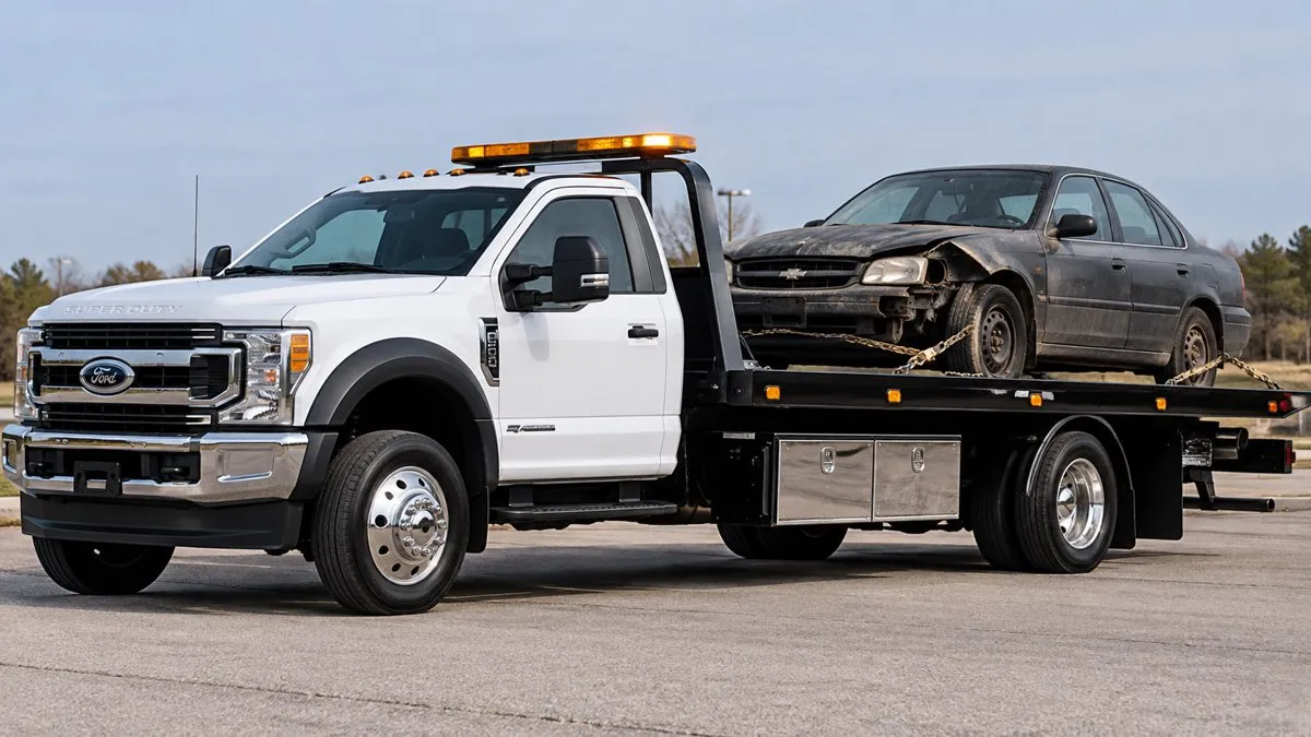 Ford flatbed hauling a damaged car