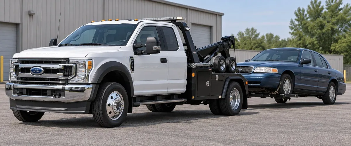 Ford self-loader tow truck towing a blue sedan behind it on a wheel lift